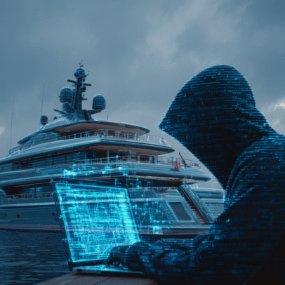 Crew navigating ship with digital AI threat visualization overlay for maritime cyber security training