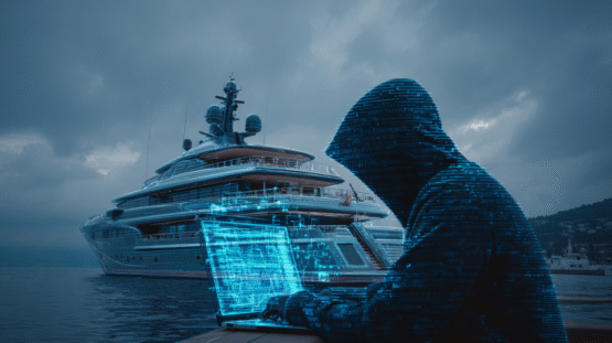 Crew navigating ship with digital AI threat visualization overlay for maritime cyber security training